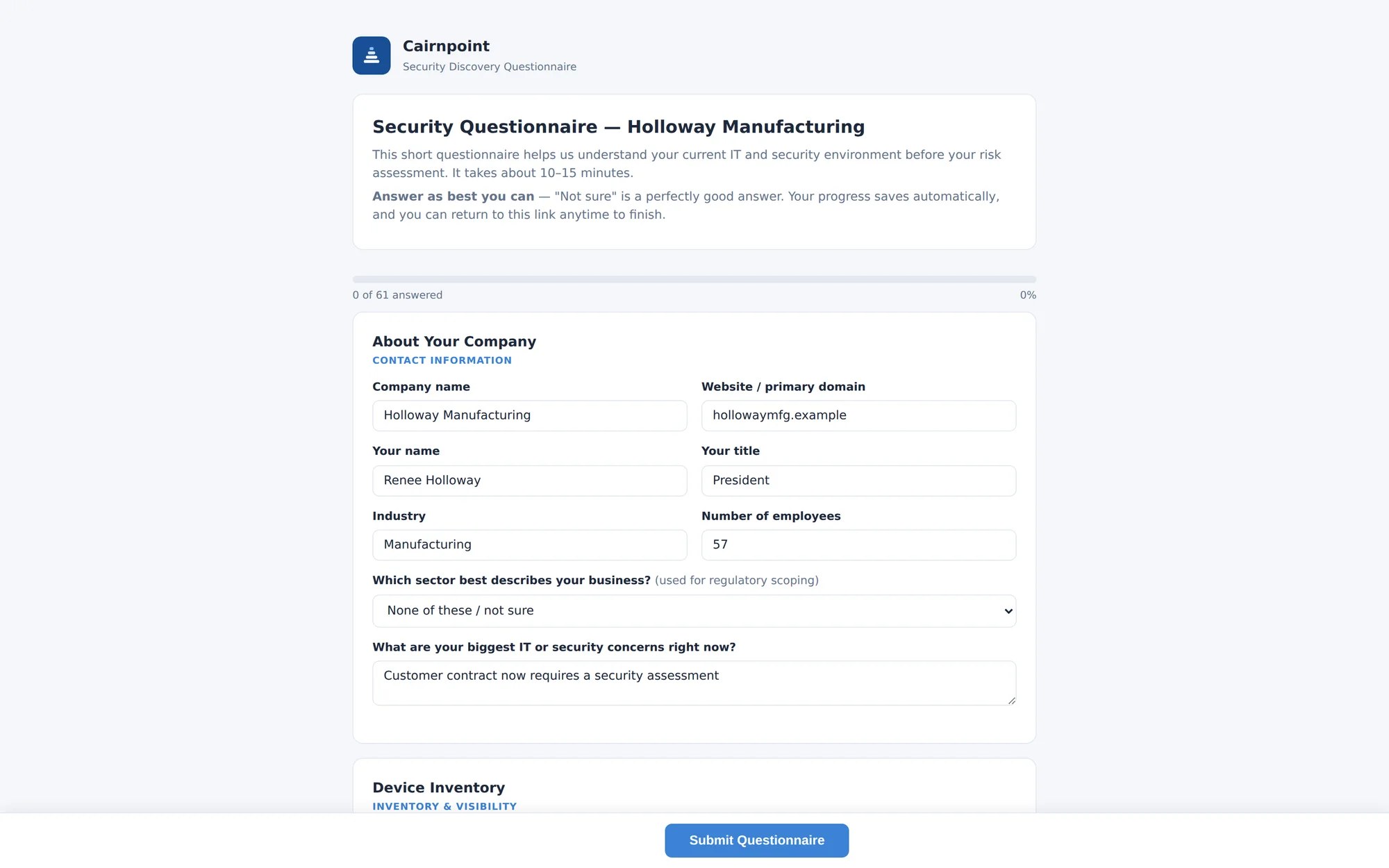 Prospect-facing security discovery questionnaire with plain-language questions and automatic progress saving